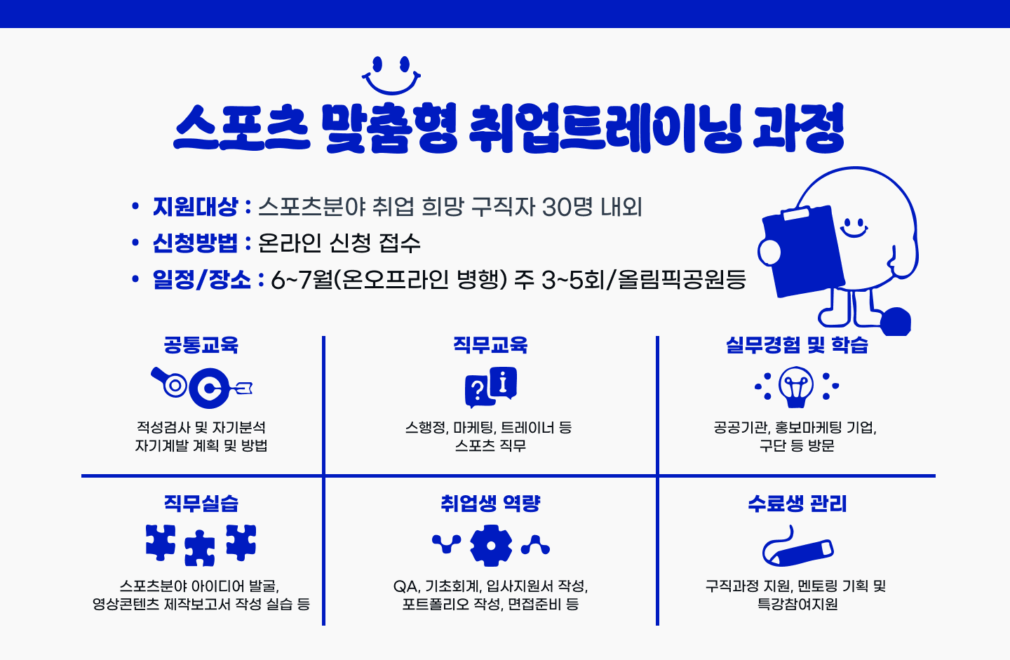 스포츠 맞춤형 취업트레이닝 과정. 지원대상 : 스포츠 분야 취업 희망 구직자 30명 내외 / 선정방법 : 온라인 신청 접수 / 일정/장소 : 6~7월 (온,오프라인 병행) 주 3~5회/올림픽공원 등. 공통교육 : 적성검사 및 자기분석, 자기게발 계획 및 방법 / 직무교육 : 스행정, 마케팅, 트레이너 등 스포츠 직무 / 실무경험, 학습 : 공공기관, 홍보마케팅 기업, 구단 등 방문/ 직무실습 : 스포츠분야 아이디어 발굴, 영상콘텐츠 제작, 보고서 작성 실습 등/ 취업역량 : QA, 기초회계, 입사지원서 작성, 포트폴리오 작성, 면접준비 등/ 수료생 관리 : 구직과정 지원, 멘토링 기획 및 특강 참여 지원